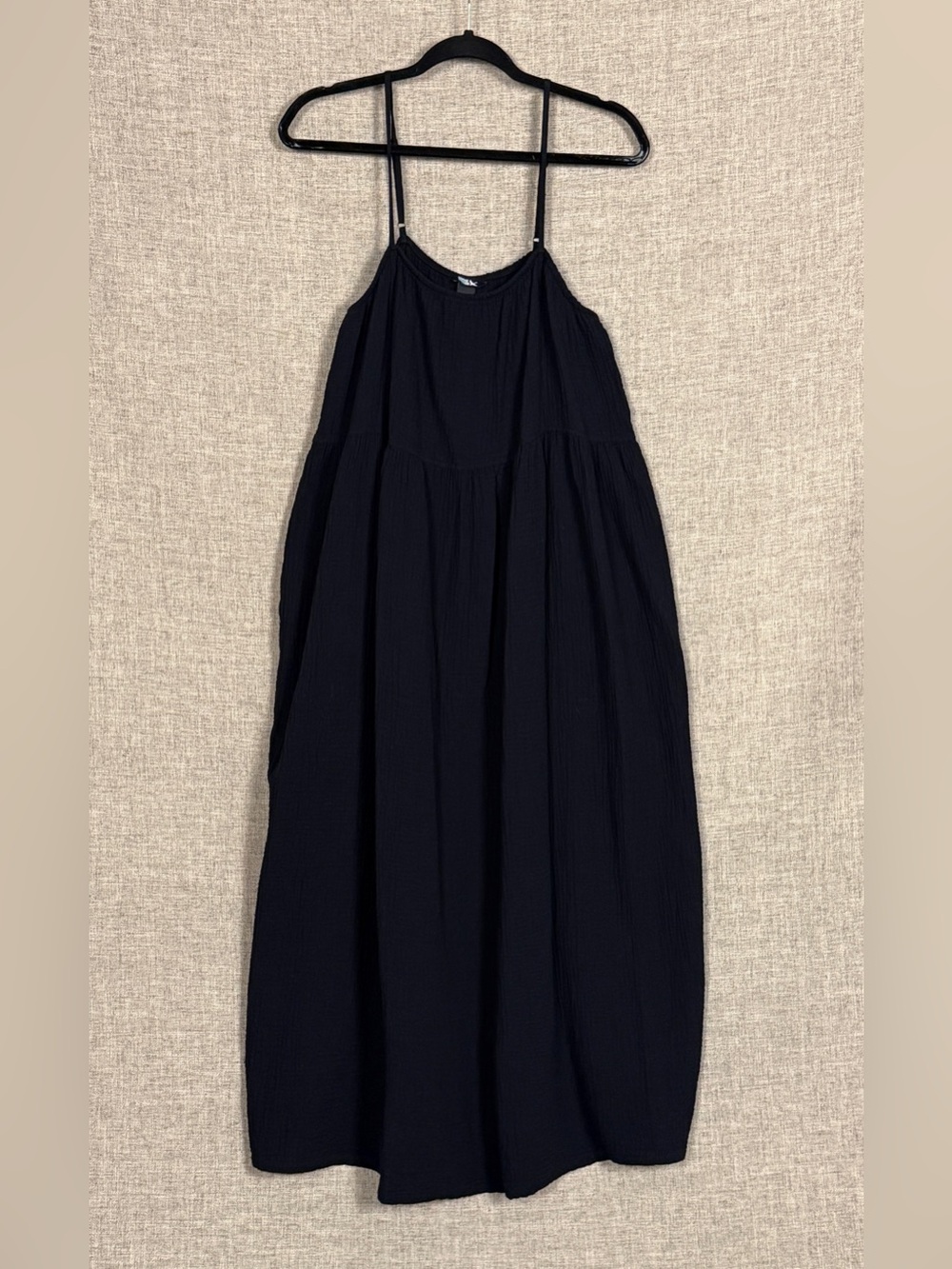 NWT Eddie Bauer Black 100% Cotton Textured Empire Waist Spaghetti Strap Dress